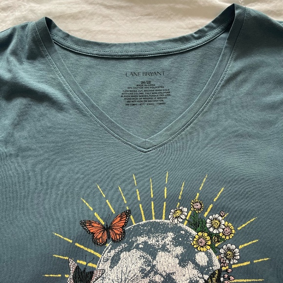 Lane Bryant Earth & Flower Printed Women's Tee, V-Neck, Blue/Teal, 26/28 - Picture 5 of 11